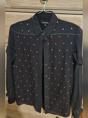 Saloni Black Button-Up Shirt with Coral Dot Embroidery